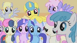 Size: 1280x720 | Tagged: safe, imported from derpibooru, screencap, amethyst star, bon bon, derpy hooves, lemon hearts, lightning bolt, linky, minuette, rainbowshine, sea swirl, seafoam, shoeshine, sparkler, sweetie drops, twinkleshine, white lightning, earth pony, pegasus, pony, unicorn, applebuck season, season 1, adorabon, background pony, cute, derpabetes, drool, excited, female, happy, implied pinkie pie, lemonbetes, looking at you, mare, minubetes, seadorable, smiling