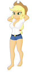 Size: 1700x3800 | Tagged: safe, artist:ah96, edit, editor:ah96, imported from derpibooru, applejack, human, equestria girls, arm behind head, barefoot, breast edit, breasts, busty applejack, feet, female, ms paint, shading, simple background, transparent background