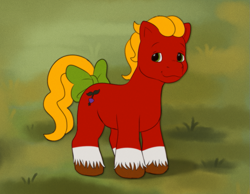 Size: 967x751 | Tagged: safe, artist:malarkey, imported from derpibooru, sprout cloverleaf, earth pony, pony, bow, coat markings, crossdressing, g1, g5, g5 to g1, generation leap, male, socks (coat markings), solo, stallion, tail, tail bow, unshorn fetlocks