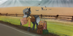 Size: 4134x2039 | Tagged: safe, artist:chrystal2288, imported from derpibooru, oc, oc only, oc:ashy wings (ice1517), bird, pegasus, pony, bag, clothes, commission, compass, female, fence, food, grass, hitchhiking, map, mare, raised hoof, road, saddle bag, scarecrow, shirt, sign, solo, suitcase, wheat, ych result