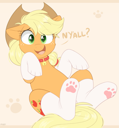 Size: 1215x1300 | Tagged: safe, artist:higgly-chan, imported from derpibooru, applejack, earth pony, pony, animal costume, applecat, applejack's hat, behaving like a cat, bell, bell collar, cat costume, cheek fluff, clothes, collar, costume, cowboy hat, cute, eye clipping through hair, eyebrows, eyebrows visible through hair, female, floppy ears, freckles, happy, hat, jackabetes, looking at you, lying down, mare, nya, on back, open mouth, paw pads, paw socks, signature, smiling, socks, solo, stockings, stupid sexy applejack, thigh highs, y'all