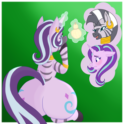 Size: 3543x3543 | Tagged: safe, artist:moonsacher, imported from derpibooru, starlight glimmer, zecora, oc, oc:voodoo charms, earth pony, pony, unicorn, zebra, blushing, both cutie marks, bracelet, butt, commissioner:bigonionbean, ear piercing, earring, embarrassed, female, flank, food, fruit, fusion, fusion:starlight glimmer, fusion:zecora, huge butt, jewelry, large butt, magic, mare, necklace, pear, pear shaped, piercing, plot, sitting, thought bubble, writer:bigonionbean
