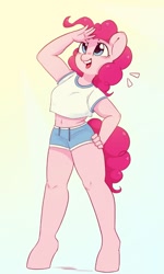 Size: 636x1062 | Tagged: safe, artist:melodylibris, imported from derpibooru, pinkie pie, anthro, earth pony, unguligrade anthro, belly button, clothes, emanata, female, gradient background, hand on hip, happy, looking up, mare, midriff, open mouth, open smile, shorts, smiling, solo, tanktop