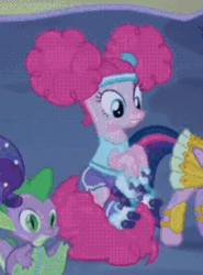 Size: 266x360 | Tagged: safe, imported from derpibooru, screencap, pinkie pie, rarity, spike, twilight sparkle, alicorn, dragon, earth pony, pony, scare master, season 5, animated, armor, athena sparkle, clothes, costume, cropped, cute, female, gif, headband, mare, nightmare night costume, offscreen character, pinkie puffs, roller skates, shirt, shorts, surprised, t-shirt, tail, twilight sparkle (alicorn)