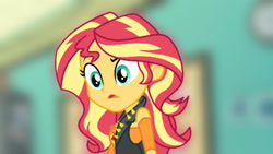 Size: 3416x1920 | Tagged: safe, edit, edited screencap, editor:itsmgh1203, imported from derpibooru, screencap, sunset shimmer, human, equestria girls, equestria girls series, forgotten friendship, blurry background, breasts, clothes, confused, cutie mark on clothes, female, geode of empathy, high res, jewelry, leather, leather vest, magical geodes, necklace, open mouth, solo, upscaled, vest
