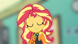 Size: 3416x1920 | Tagged: safe, edit, edited screencap, editor:itsmgh1203, imported from derpibooru, screencap, sunset shimmer, human, equestria girls, equestria girls series, forgotten friendship, blurry background, breasts, clothes, confused, cutie mark on clothes, eyes closed, female, geode of empathy, high res, jewelry, leather, leather vest, magical geodes, necklace, solo, upscaled, vest