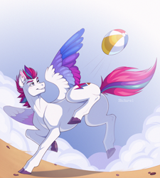 Size: 2500x2778 | Tagged: safe, artist:shchavel, imported from derpibooru, zipp storm, pegasus, pony, art, ball, beach, beach ball, butt, cloud, colored wings, commission open, ear fluff, eyebrows, fanart, female, g5, grin, high res, hoers, mare, multicolored wings, my little pony: a new generation, my little pony: tell your tale, plot, sand, slim, smiling, solo, spread wings, sternocleidomastoid, thin, underhoof, wings, zippbutt