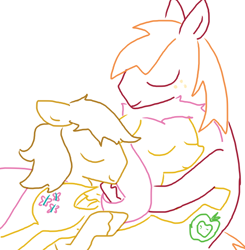 Size: 636x648 | Tagged: safe, alternate version, artist:weaver, imported from derpibooru, big macintosh, braeburn, fluttershy, earth pony, pegasus, pony, applecest, braemac, cuddling, eyes closed, female, fluttermac, gay, hug, incest, lineart, male, missing accessory, old art, polyamory, shipping, simple background, smiling, straight, white background