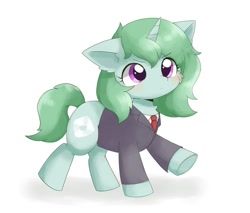 Size: 1200x1021 | Tagged: safe, artist:ginmaruxx, imported from derpibooru, oc, oc only, oc:kazumi, pony, unicorn, :<, :c, >:c, blushing, business suit, cheek fluff, clothes, cute, ear fluff, female, floppy ears, frown, glare, horn, mare, necktie, ocbetes, one ear down, raised hoof, raised leg, serious, serious face, simple background, solo, suit, underhoof, walking, white background