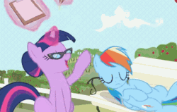 Size: 608x386 | Tagged: safe, imported from derpibooru, screencap, rainbow dash, twilight sparkle, pegasus, pony, unicorn, lesson zero, season 2, alternate hairstyle, animated, bench, chair, clipboard, cute, dashabetes, duo, duo female, eyes closed, feather, female, floppy ears, frown, gif, glasses, glowing, glowing horn, hair bun, head pat, horn, i watch it for the ears, lying down, magic, magic aura, mare, nudge, on back, open mouth, open smile, paper, pat, quill, rainbow dash is not amused, sitting, smiling, telekinesis, tree, twiabetes, twilight's professional glasses, unamused, unicorn twilight