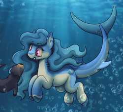 Size: 1651x1500 | Tagged: safe, artist:sursiq, imported from derpibooru, oc, oc:naomi, original species, otter, pony, shark, shark pony, bubble, eyelashes, female, fish tail, flowing mane, full body, gills, gradient hooves, gradient mane, gradient tail, grin, happy, ocean, pink eyes, pony oc, shading, shark pony oc, shark tail, sharp teeth, shiny mane, smiling, solo, swimming, tail, teeth, underwater, water, watermark, yellow sclera