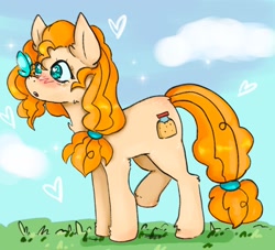 Size: 1938x1758 | Tagged: safe, artist:kittygutzzart, imported from derpibooru, pear butter, butterfly, earth pony, pony, :o, blushing, butterfly on nose, female, heart, insect on nose, mare, open mouth, raised hoof, solo