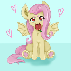 Size: 2059x2048 | Tagged: safe, artist:kittygutzzart, imported from derpibooru, fluttershy, bat pony, pony, :3, apple, bat ponified, beanbrows, eyebrows, fangs, female, flutterbat, food, heart, herbivore, mare, race swap, sitting, solo, underhoof