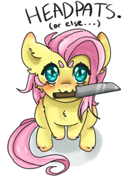 Size: 2048x2732 | Tagged: safe, artist:kittygutzzart, imported from derpibooru, fluttershy, pegasus, pony, :3, beanbrows, eyebrows, head pat, heart, heart eyes, knife, looking at you, looking up, looking up at you, mouth hold, pat, pet request, simple background, solo, talking to viewer, white background, wingding eyes