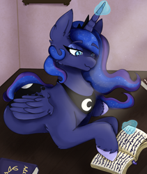 Size: 2205x2617 | Tagged: safe, artist:kittygutzzart, imported from derpibooru, princess luna, alicorn, pony, book, eyebrows, eyebrows visible through hair, lying down, magic, reading, solo, telekinesis