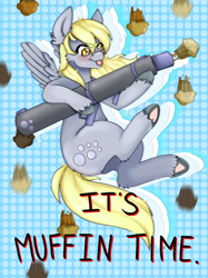 Size: 2048x2732 | Tagged: safe, artist:kittygutzzart, imported from derpibooru, derpy hooves, pegasus, pony, :p, butt, derp, eyebrows, eyebrows visible through hair, food, muffin, muffin launcher, plot, recoilless rifle, solo, tongue out, underhoof