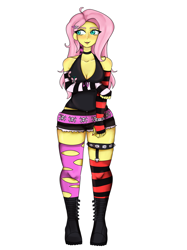 Size: 2048x2732 | Tagged: safe, artist:kittygutzzart, imported from derpibooru, fluttershy, human, equestria girls, arm under breasts, boots, breasts, busty fluttershy, cleavage, clothes, coontails, cutie mark on clothes, emo, evening gloves, female, fingerless elbow gloves, fingerless gloves, gloves, hairpin, long gloves, looking sideways, shoes, shorts, simple background, skull and crossbones, socks, solo, striped gloves, striped socks, thigh highs, white background, wide hips