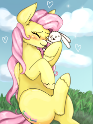 Size: 2048x2732 | Tagged: safe, artist:kittygutzzart, imported from derpibooru, angel bunny, fluttershy, pegasus, pony, rabbit, angel bunny is not amused, animal, blushing, cuddling, cute, duo, eyes closed, heart, male, shyabetes, unamused