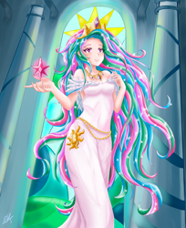 Size: 3024x3700 | Tagged: safe, artist:mintywolfstudios, imported from derpibooru, kotobukiya, princess celestia, human, bishoujo, clothes, cutie mark on clothes, dress, element of magic, female, high res, humanized, kotobukiya princess celestia, queen celestia, solo