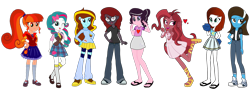 Size: 4096x1500 | Tagged: artist needed, source needed, safe, artist:razethebeast, artist:vector-brony, artist:wubcakeva, imported from derpibooru, oc, oc only, oc:bella voce, oc:brittneigh ackermane, oc:curse word, oc:ilovekimpossiblealot, oc:magpie, oc:mezma, oc:pinkie rose, oc:starry flame, human, equestria girls, boots, clothes, converse, denim, editor needed, equestria girls-ified, feet, jeans, lace sandals, mary janes, midriff, pants, sandals, shoes, simple background, skirt, toes, transparent background