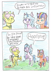 Size: 1633x2297 | Tagged: safe, artist:oneovertwo, imported from derpibooru, izzy moonbow, sunny starscout, earth pony, pony, unicorn, 2 panel comic, :i, :|, bow, comic, cup, dialogue, female, g5, hair bow, jewelry, mare, necklace, open mouth, open smile, posey bloom, smiling, speech bubble, spilled drink, tail, tail bow, trio, trio female