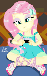 Size: 800x1280 | Tagged: safe, artist:mazakbar567, imported from derpibooru, fluttershy, human, equestria girls, equestria girls series, game stream, spoiler:eqg series (season 2), beautiful, clothes, controller, cutie mark on clothes, female, games, hairpin, playstation, playstation 5, smiling