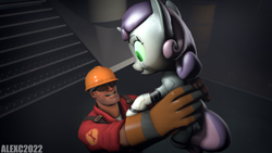 Size: 1920x1080 | Tagged: safe, artist:alexsc112, imported from derpibooru, sweetie belle, human, pony, robot, robot pony, unicorn, 3d, crossover, engineer, holding a pony, smiling, source filmmaker, sweetie bot, team fortress 2