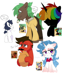 Size: 1368x1519 | Tagged: safe, artist:inkp0ne, imported from derpibooru, oc, oc only, oc:michel tusche, alicorn, earth pony, pony, unicorn, pony town, alicorn oc, black coat, blue mane, blue tail, blushing, bowtie, brown coat, brown mane, clothes, covered eyes, crying, ears, ears up, earth pony oc, glasses, green mane, green tail, hat, horn, multicolored hair, oc name needed, rainbow hair, random pony, red coat, screencap reference, simple background, spanish text, speech bubble, sweater, tail, teary eyes, unicorn oc, white background, white coat, wings