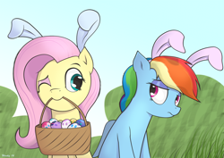Size: 1754x1240 | Tagged: safe, alternate version, artist:wonkysole, imported from derpibooru, fluttershy, rainbow dash, pegasus, pony, basket, bunny ears, cute, dashabetes, duo, easter, easter egg, holiday, mouth hold, one eye closed, shyabetes