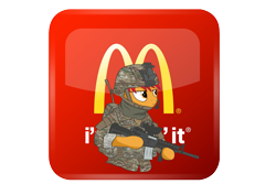 Size: 4961x3508 | Tagged: safe, artist:wonkysole, imported from derpibooru, oc, oc only, oc:matchstick, pony, ar-15, clothes, gun, high res, mcdonald's, military uniform, rifle, solo, uniform, weapon