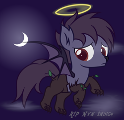 Size: 3530x3420 | Tagged: safe, artist:strategypony, imported from derpibooru, oc, oc only, oc:nyn indigo, bat pony, hybrid, original species, timber pony, timber wolf, bat wings, cloud, colored pupils, colt, ear fluff, ear tufts, flying, foal, halo, high res, male, moon, night, outdoors, rest in peace, sky, solo, spread wings, text, tribute, wings