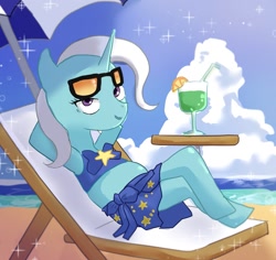 Size: 1489x1408 | Tagged: safe, artist:forest0816, imported from derpibooru, trixie, pony, semi-anthro, unicorn, beach, clothes, cloud, drink, drinking straw, female, food, glass, horn, lemon, looking at you, mare, outdoors, sarong, sky, solo, sparkles, stars, sunglasses, swimsuit, umbrella