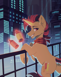 Size: 1356x1704 | Tagged: safe, artist:trickate, imported from derpibooru, oc, oc only, oc:selest light, pony, unicorn, bandana, bottle, city, glowing, glowing horn, horn, looking at you, magic, male, solo, stallion, telekinesis