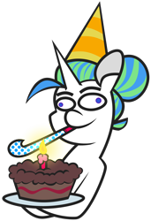 Size: 3900x5707 | Tagged: safe, artist:threetwotwo32232, imported from derpibooru, oc, oc only, oc:alumx, pony, unicorn, birthday cake, cake, candle, food, hat, male, party hat, party horn, simple background, solo, stallion, transparent background