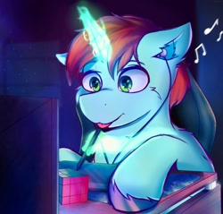 Size: 1813x1735 | Tagged: safe, artist:legionsunite, imported from derpibooru, oc, oc only, pony, unicorn, :p, chair, computer, drawing, drawing tablet, earbuds, gaming chair, magic, music notes, night, office chair, rubik's cube, tablet, tongue out