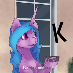 Size: 2000x2000 | Tagged: safe, artist:tenebrisnoctus, imported from derpibooru, izzy moonbow, pony, unicorn, female, g5, high res, is this a pigeon, k, letter, mare, meme, question, solo, text, underhoof