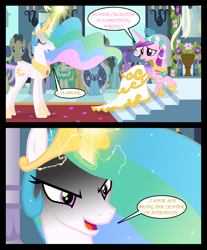 Size: 1280x1545 | Tagged: safe, artist:bigsnusnu, imported from derpibooru, eclair créme, jangles, princess cadance, princess celestia, alicorn, earth pony, pony, unicorn, comic:dusk shine in pursuit of happiness, candle, clothes, column, crown, dress, evil grin, flower, flower vase, glare, glowing, glowing horn, grin, horn, jewelry, petals, regalia, ribbon, rug, smiling, stairs, wedding dress