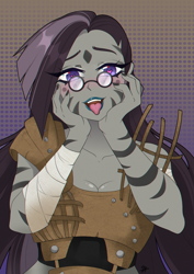 Size: 1700x2400 | Tagged: safe, artist:serodart, imported from derpibooru, oc, human, fallout equestria, fallout equestria: project horizons, equestria girls, blushing, commission, fallout, fanfic art, glasses, heart, heart eyes, raider, raider armor, solo, tongue out, wingding eyes, yandere trance