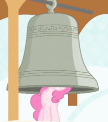 Size: 476x540 | Tagged: safe, imported from derpibooru, screencap, pinkie pie, earth pony, pony, castle mane-ia, season 4, animated, bell, clock, cropped, cute, female, grin, mare, pinkie being pinkie, smiling, solo, teeth