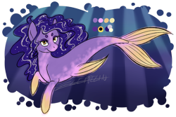 Size: 800x535 | Tagged: safe, artist:dendropsyche, imported from derpibooru, oc, oc only, merpony, seapony (g4), crepuscular rays, dorsal fin, eyeshadow, fins, fish tail, flowing mane, flowing tail, lidded eyes, makeup, ocean, purple mane, seapony oc, signature, simple background, smiling, solo, sunlight, swimming, tail, transparent background, underwater, water