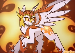 Size: 4093x2894 | Tagged: safe, artist:jellysketch, imported from derpibooru, daybreaker, alicorn, pony, armor, evil, female, fire, high res, mare, raised hoof, signature, smiling, solo, spread wings, sun, wings