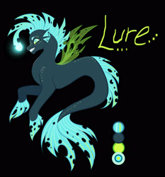 Size: 2363x2538 | Tagged: safe, artist:microwaved-box, imported from derpibooru, oc, oc only, changeling, hybrid, seapony (g4), angler seapony, black background, dorsal fin, fin wings, fins, fish tail, flowing tail, glowing, green eyes, grin, gritted teeth, interspecies offspring, magical lesbian spawn, male, offspring, parent:princess skystar, parent:queen chrysalis, simple background, smiling, solo, tail, teeth, wings