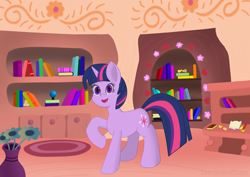 Size: 3508x2480 | Tagged: safe, artist:samenandsam, imported from derpibooru, twilight sparkle, pony, unicorn, book, bookshelf, female, golden oaks library, library, raised hoof, solo, table, unicorn twilight