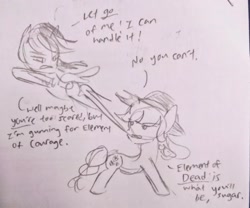 Size: 640x533 | Tagged: safe, artist:snowzaaah, imported from derpibooru, applejack, rainbow dash, earth pony, pegasus, pony, appledash, doodle, female, harmony exam au, lesbian, monochrome, pencil drawing, shipping, sketch, traditional art