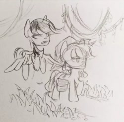 Size: 640x629 | Tagged: safe, artist:snowzaaah, imported from derpibooru, applejack, rainbow dash, earth pony, pegasus, pony, appledash, doodle, female, harmony exam au, lesbian, monochrome, pencil drawing, shipping, sketch, traditional art