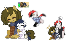 Size: 1478x872 | Tagged: safe, artist:inkp0ne, imported from derpibooru, oc, oc only, oc:kisho, oc:michel tusche, oc:sagiri himoto, earth pony, pony, unicorn, pony town, :o, ^^, black hair, black mane, black tail, blanket, blue hair, blue mane, blue tail, blurr, blushing, bread, brown coat, brown eyes, brown hair, brown mane, chewing, clothes, confused, ears, ears up, earth pony oc, eating, excited, excitement, eyes closed, floppy ears, flower, food, head pat, horn, hug, hugging a pony, michel is such a cute filly, mug, open mouth, pat, red hair, red mane, red tail, rose, running, scarf, screencap reference, simple background, smiling, speech bubble, starry eyes, steam, surprised, sweater, tail, tail wiggle, teary eyes, unicorn oc, unshorn fetlocks, warm, wat, white background, white coat, wide eyes, wingding eyes