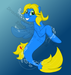 Size: 1500x1603 | Tagged: safe, artist:dracocrochet, imported from derpibooru, oc, oc only, pegasus, seapony (g4), blue background, bubble, crepuscular rays, cute, digital art, dorsal fin, female, fin wings, fins, flowing mane, glasses, green eyes, mare, obtrusive watermark, ocean, seaponified, simple background, smiling, solo, species swap, sunlight, swimming, teeth, underwater, water, watermark, wings, yellow mane