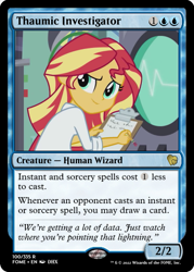 Size: 375x523 | Tagged: safe, edit, imported from derpibooru, sunset shimmer, human, equestria girls, the science of magic, ccg, clipboard, clothes, lab coat, magic the gathering, oscilloscope, trading card, trading card edit