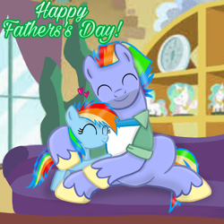 Size: 900x900 | Tagged: safe, artist:mlplary6, imported from derpibooru, bow hothoof, rainbow dash, pegasus, pony, eyes closed, father and child, father and daughter, father's day, female, filly, filly rainbow dash, foal, heart, hug, male, smiling, stallion, younger