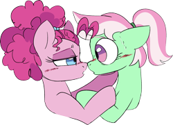 Size: 1687x1218 | Tagged: safe, artist:taaffeiite, imported from derpibooru, minty, pinkie pie, earth pony, pony, alternate hairstyle, blushing, bust, duo, duo female, female, g3, hair tie, holding hooves, hoof on chin, imminent kissing, lesbian, looking at each other, looking at someone, mare, mintypie, nervous, shipping, simple background, transparent background